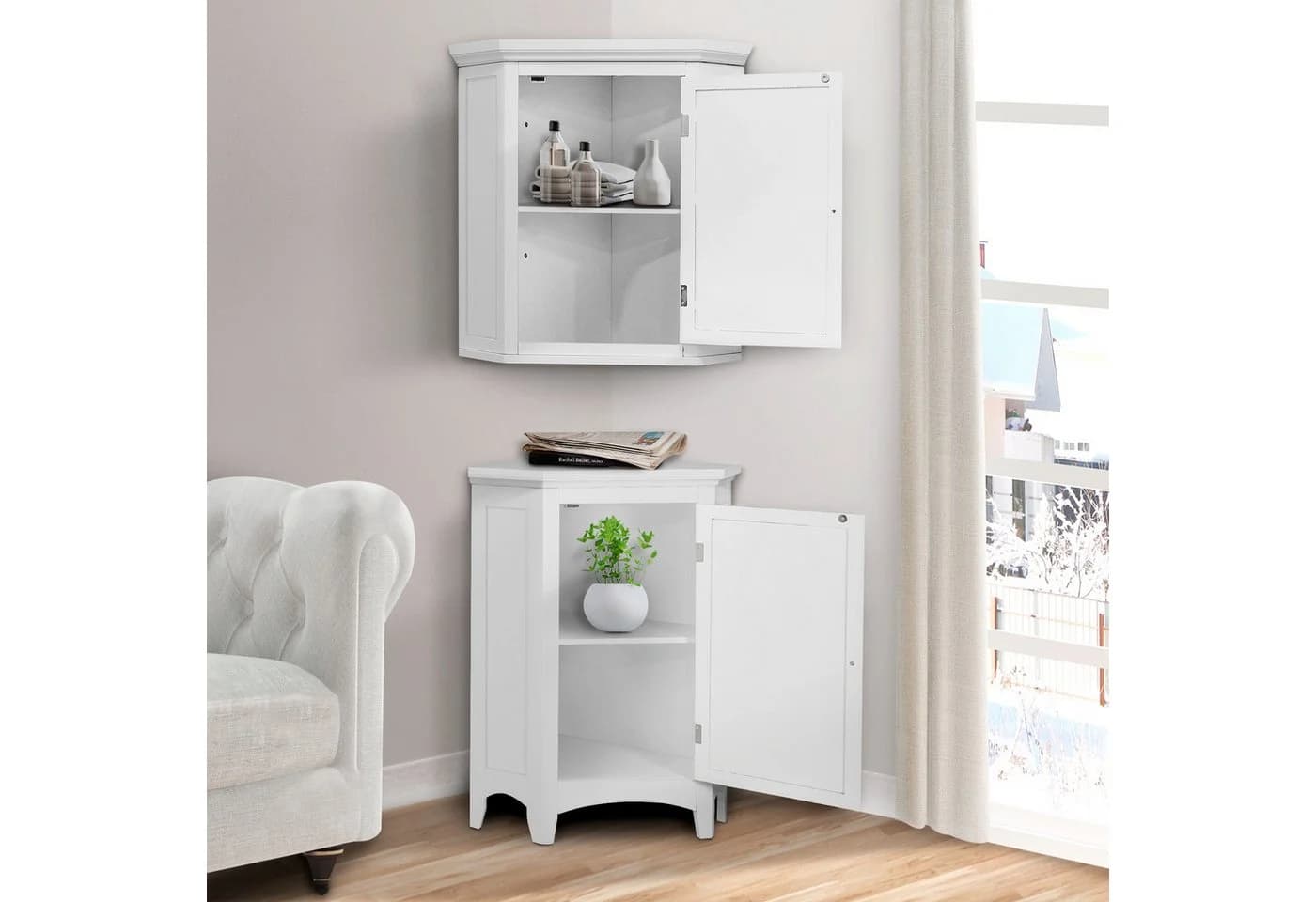 Teamson Home Hochschrank Eckschrank Weiß Lackierung Kranzleiste - Bild 5