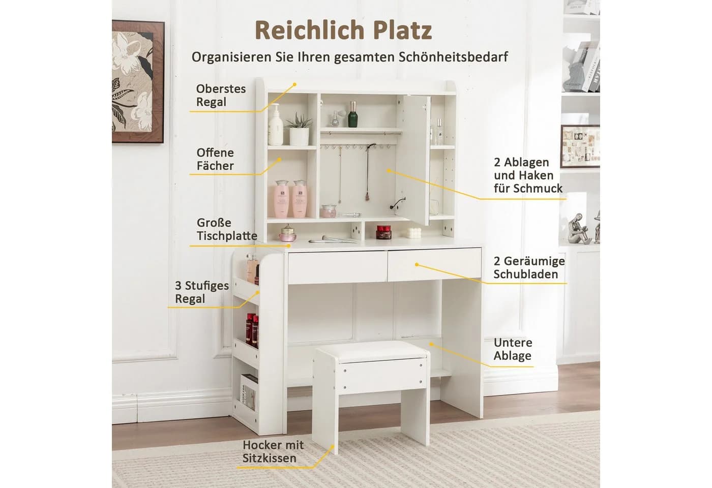 Thanaddo Schminktisch mit Spiegel LED-Beleuchtung Weiß - Bild 3