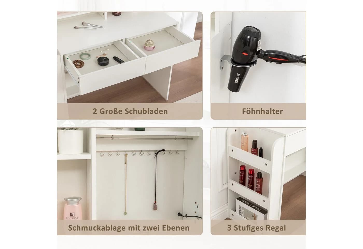Thanaddo Schminktisch mit Spiegel LED-Beleuchtung Weiß - Bild 4