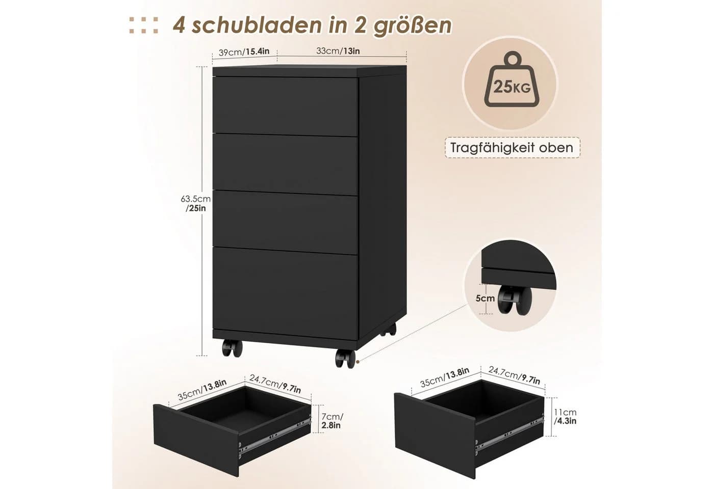 HOMECHO Aktenschrank mit 4 Schubladen, Büroschrank mit Rollen
