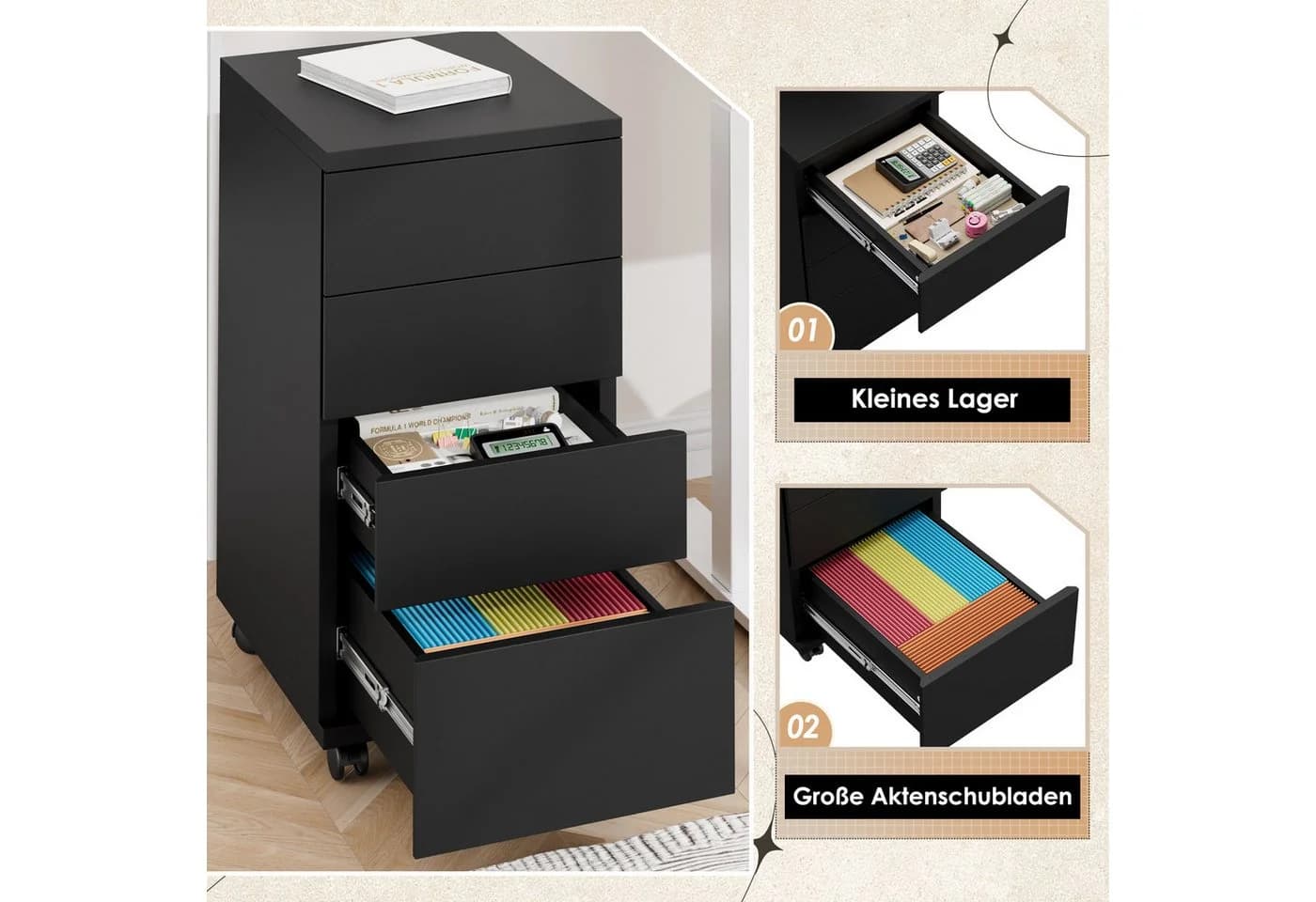 HOMECHO Aktenschrank mit 4 Schubladen, Büroschrank mit Rollen - Bild 4
