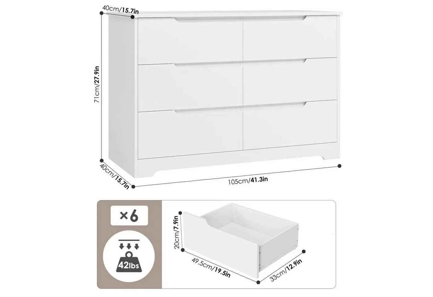 HOMECHO Kommode, Sideboard mit 6 Schubladen, Weiß - Bild 3