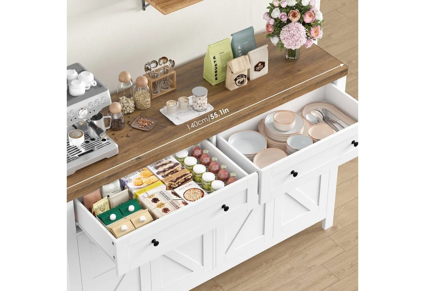 HOMECHO Buffet Küchenschrank Weiß Arbeitsplatte 2 Schubladen 4 Türen - Bild 4