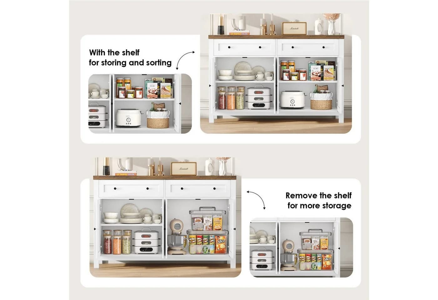 HOMECHO Buffet Küchenschrank Weiß Arbeitsplatte 2 Schubladen 4 Türen - Bild 5