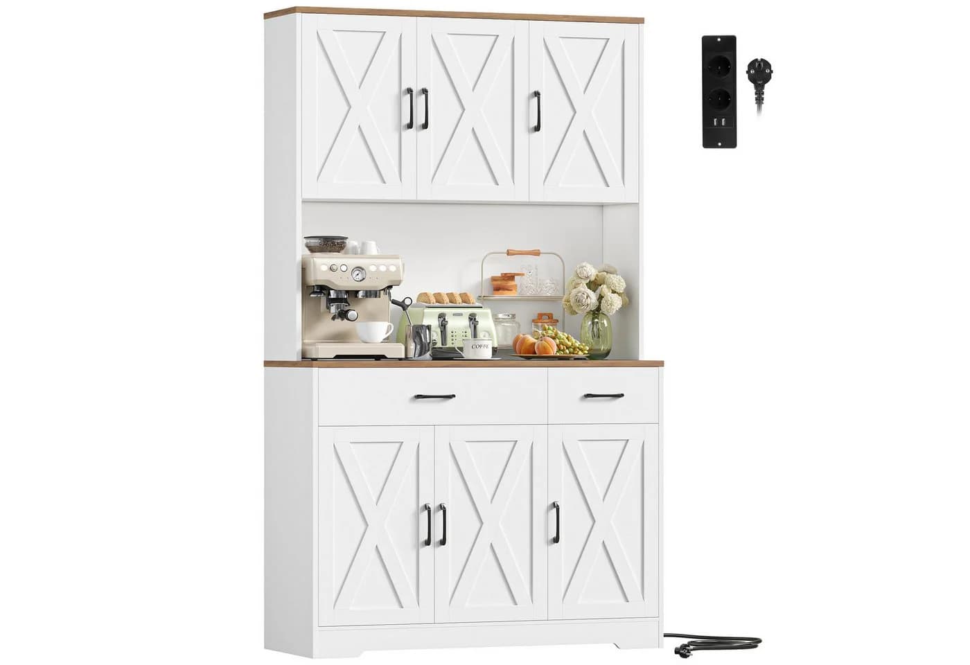 HOMECHO Küchenbuffet Weiß Küchenschrank mit Steckdosen, 6 Türen, 2 Schubladen - Bild 2