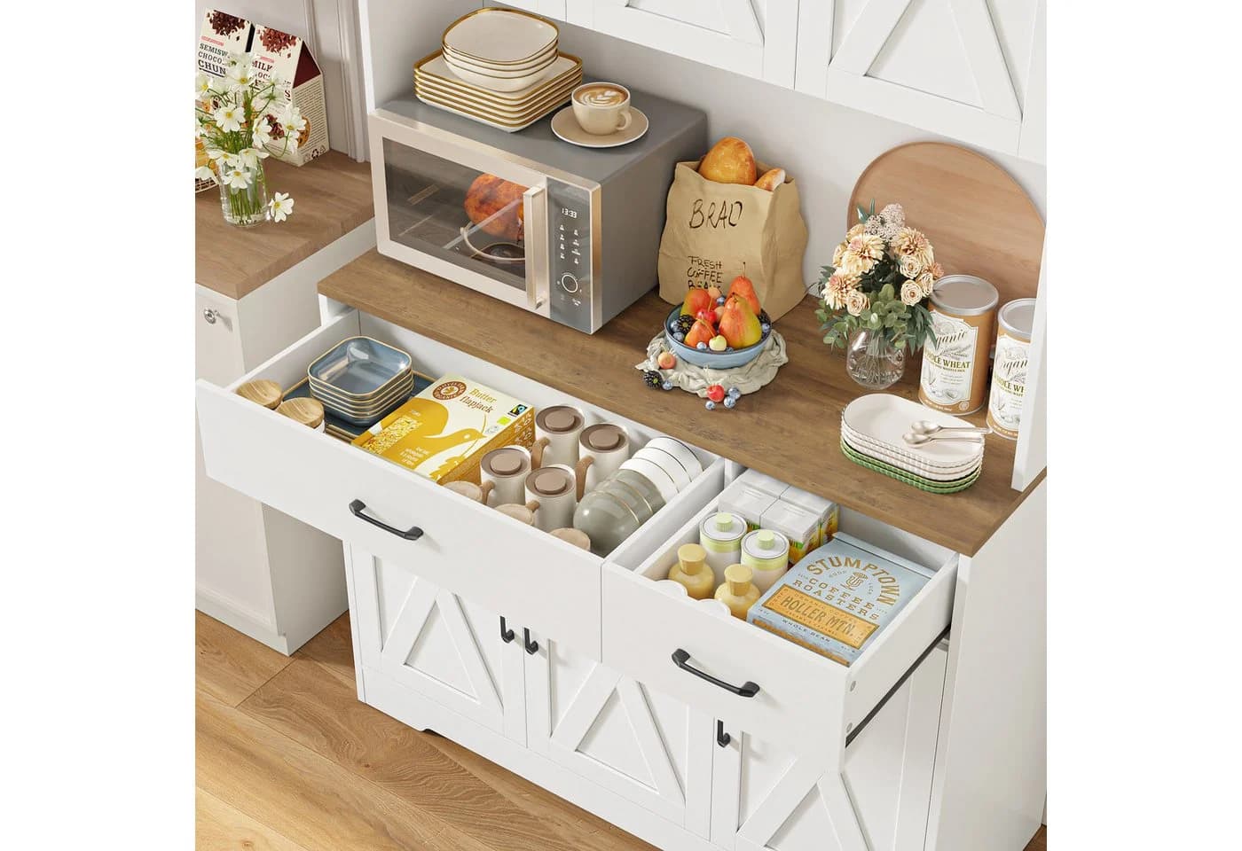 HOMECHO Küchenbuffet Weiß Küchenschrank mit Steckdosen, 6 Türen, 2 Schubladen - Bild 3