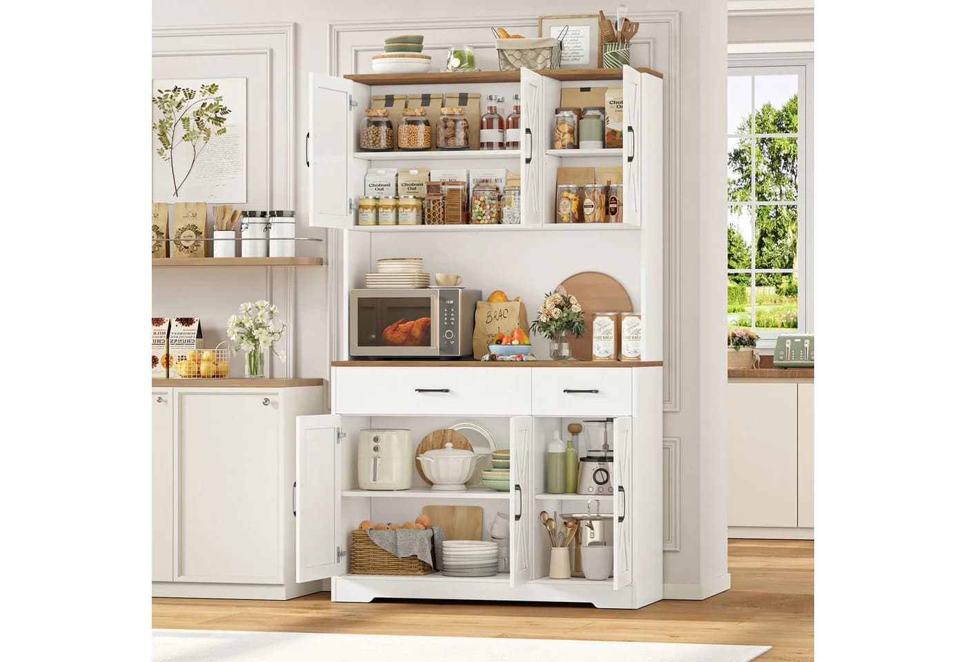 HOMECHO Küchenbuffet Weiß Küchenschrank mit Steckdosen, 6 Türen, 2 Schubladen - Bild 4
