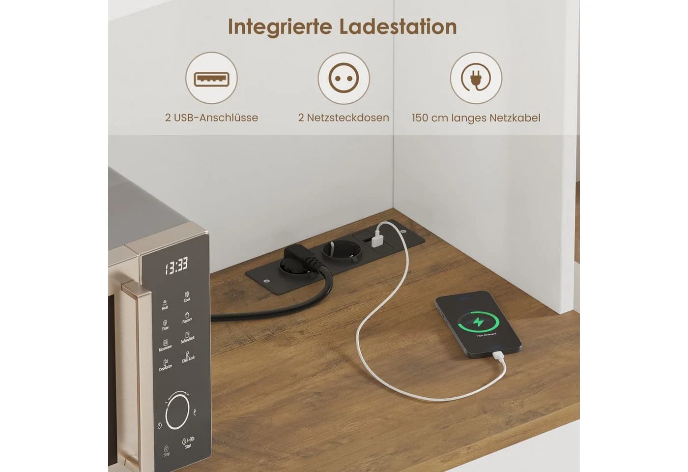 HOMECHO Küchenbuffet Weiß Küchenschrank mit Steckdosen, 6 Türen, 2 Schubladen - Bild 5