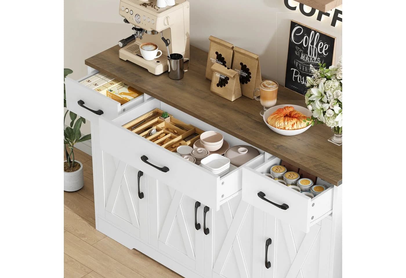 HOMECHO Sideboard 140cm Breite Küchenschrank 3 Schubladen 4 Türen Verstellbare Regale - Bild 3