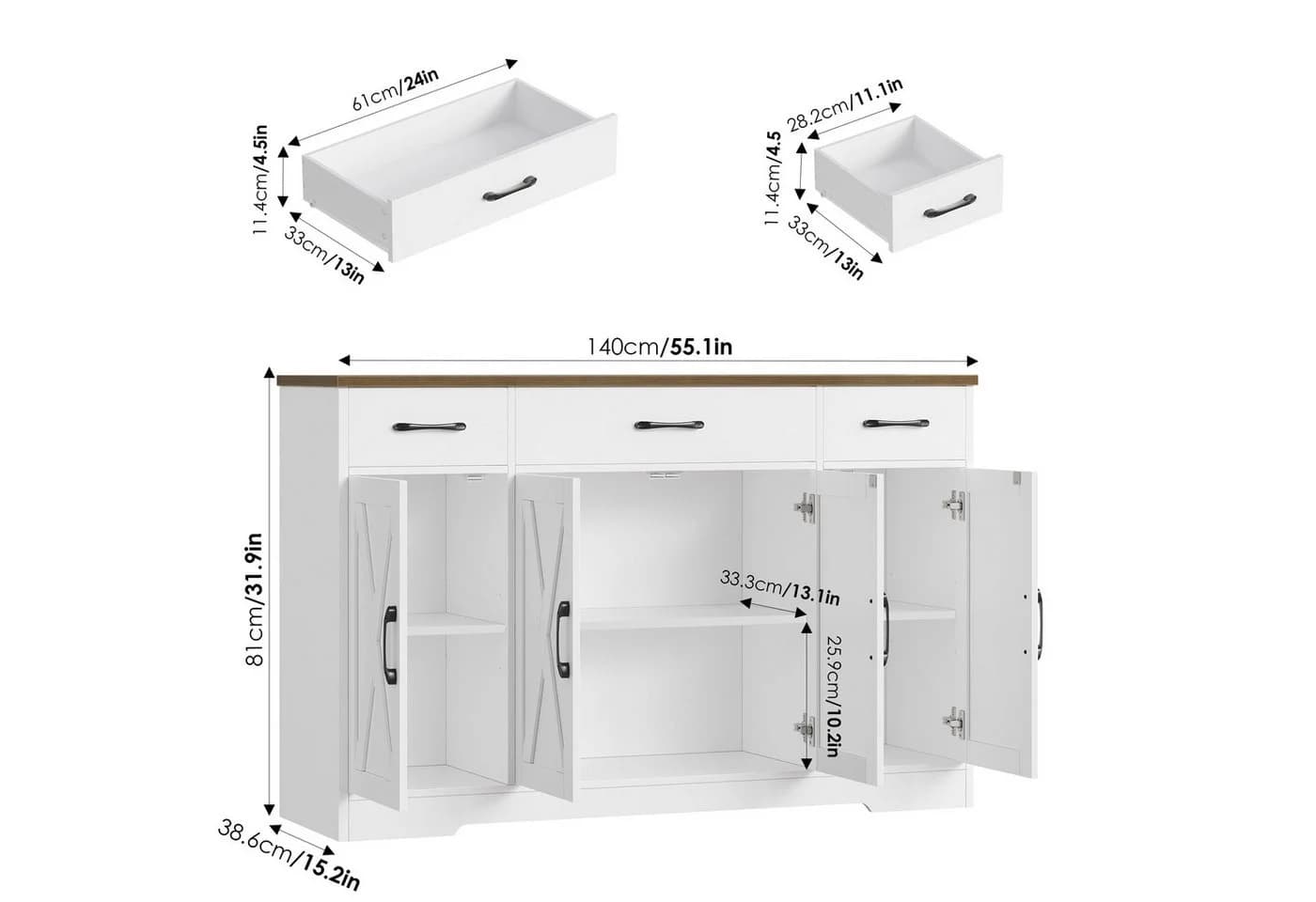 HOMECHO Sideboard 140cm Breite Küchenschrank 3 Schubladen 4 Türen Verstellbare Regale - Bild 4