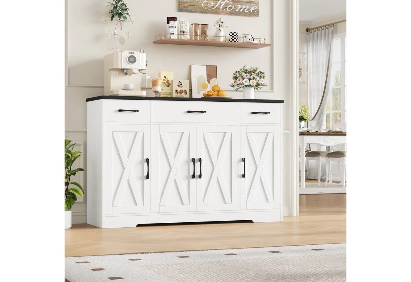 HOMECHO Sideboard 140cm Breite Küchenschrank 3 Schubladen 4 Türen Verstellbaren Regalen