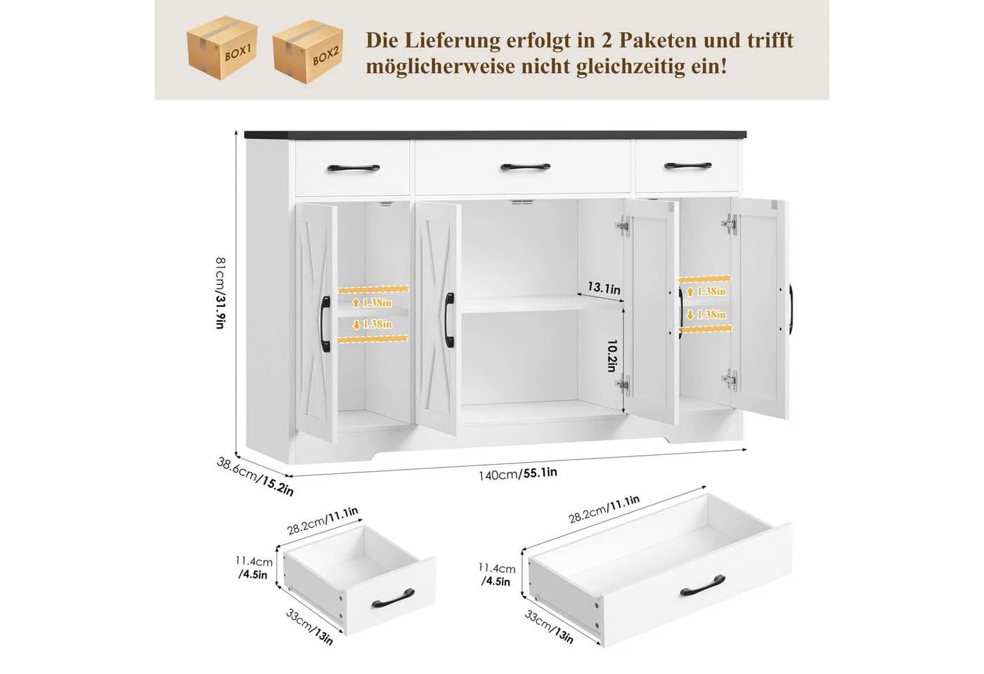HOMECHO Sideboard 140cm Breite Küchenschrank 3 Schubladen 4 Türen Verstellbaren Regalen - Bild 3