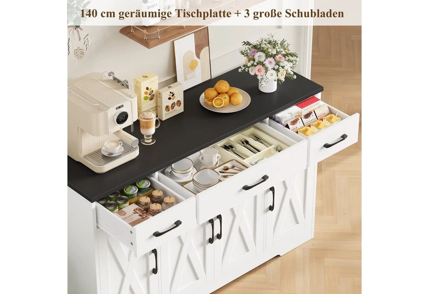 HOMECHO Sideboard 140cm Breite Küchenschrank 3 Schubladen 4 Türen Verstellbaren Regalen - Bild 4