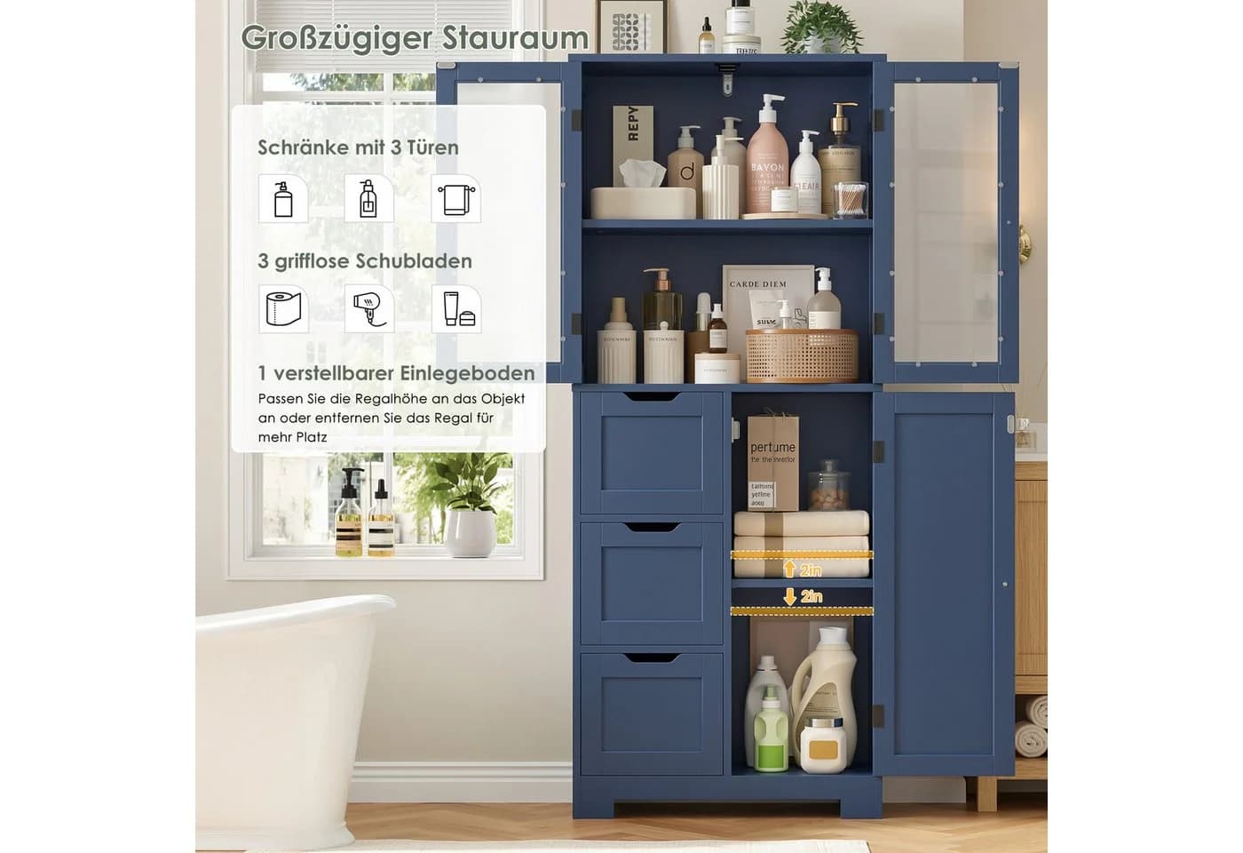 HOMECHO Hochschrank mit 3 Türen und 3 Schubladen Weiß