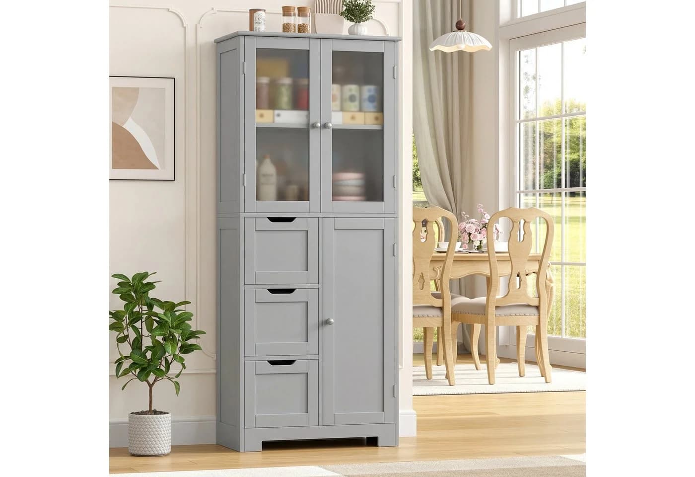 HOMECHO Hochschrank mit 3 Türen und 3 Schubladen Weiß