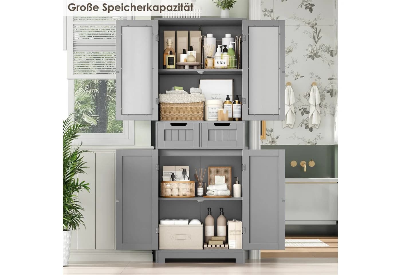 HOMECHO Hochschrank Badschrank 4 Türen 2 Schubladen Weiß