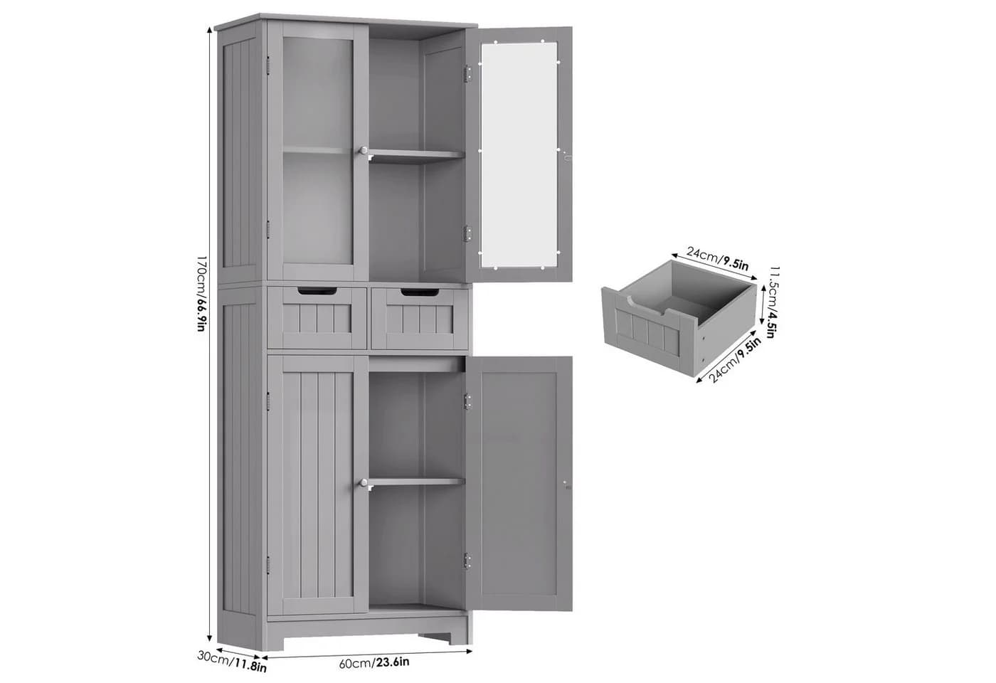 HOMECHO Hochschrank Badschrank 4 Türen 2 Schubladen Weiß - Bild 3