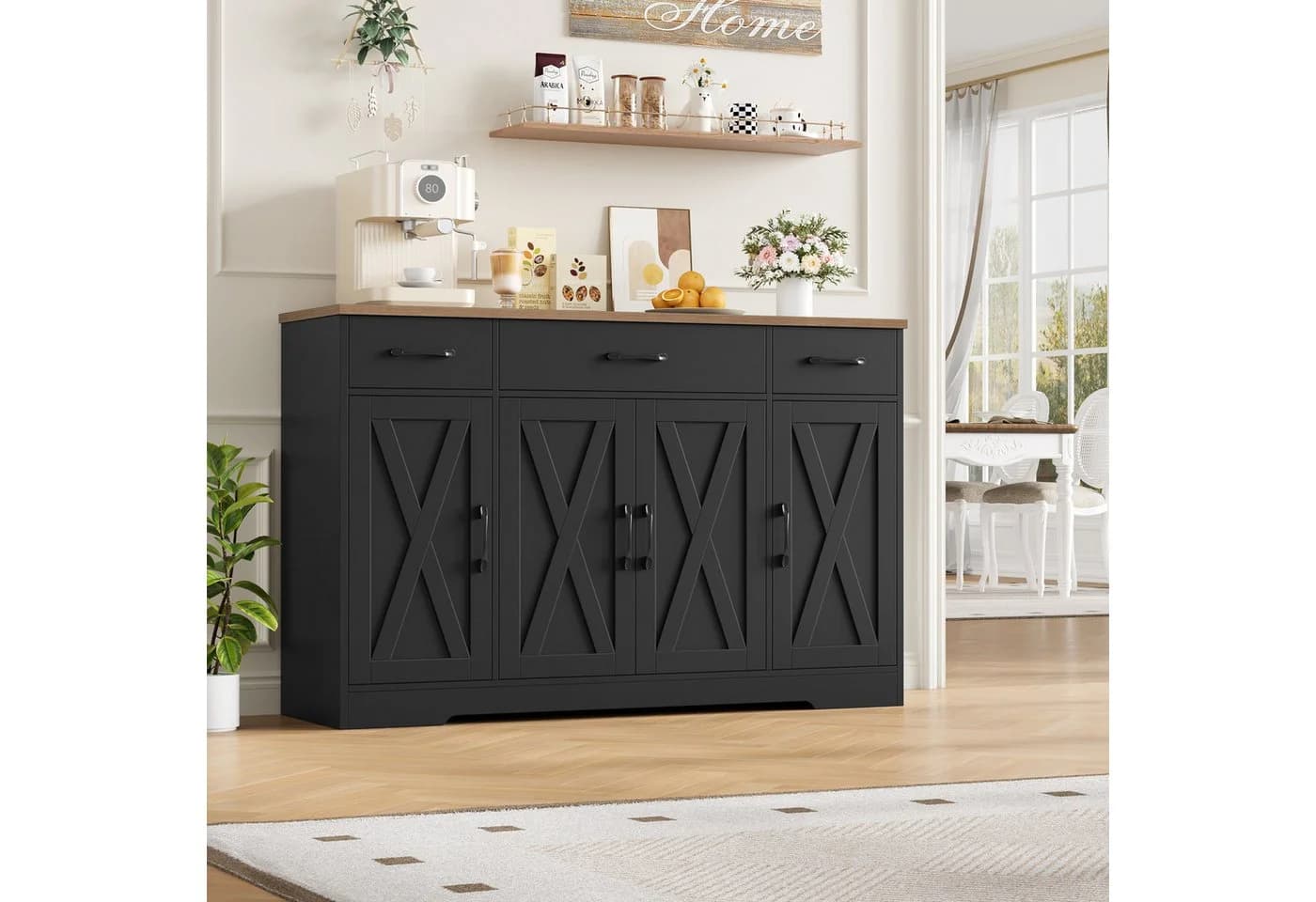 HOMECHO Sideboard 140cm Weiß 3 Schubladen 4 Türen