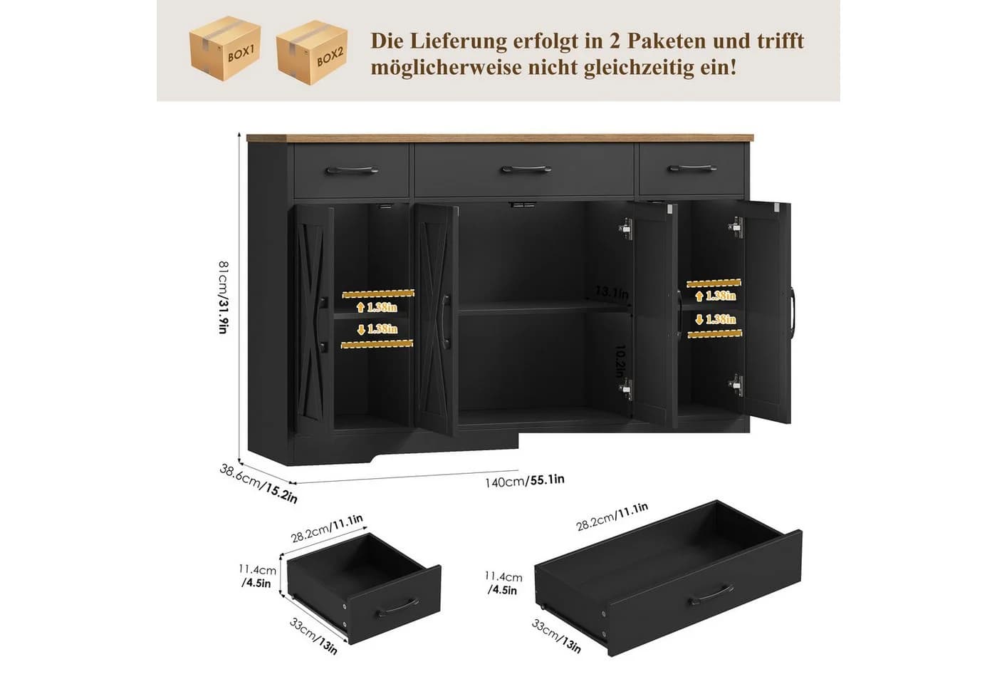 HOMECHO Sideboard 140cm Weiß 3 Schubladen 4 Türen - Bild 3