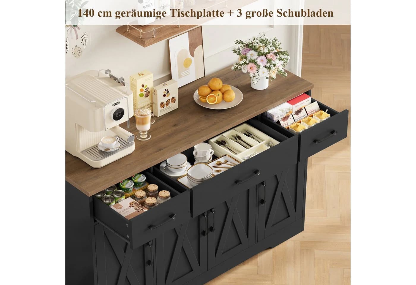 HOMECHO Sideboard 140cm Weiß 3 Schubladen 4 Türen - Bild 4