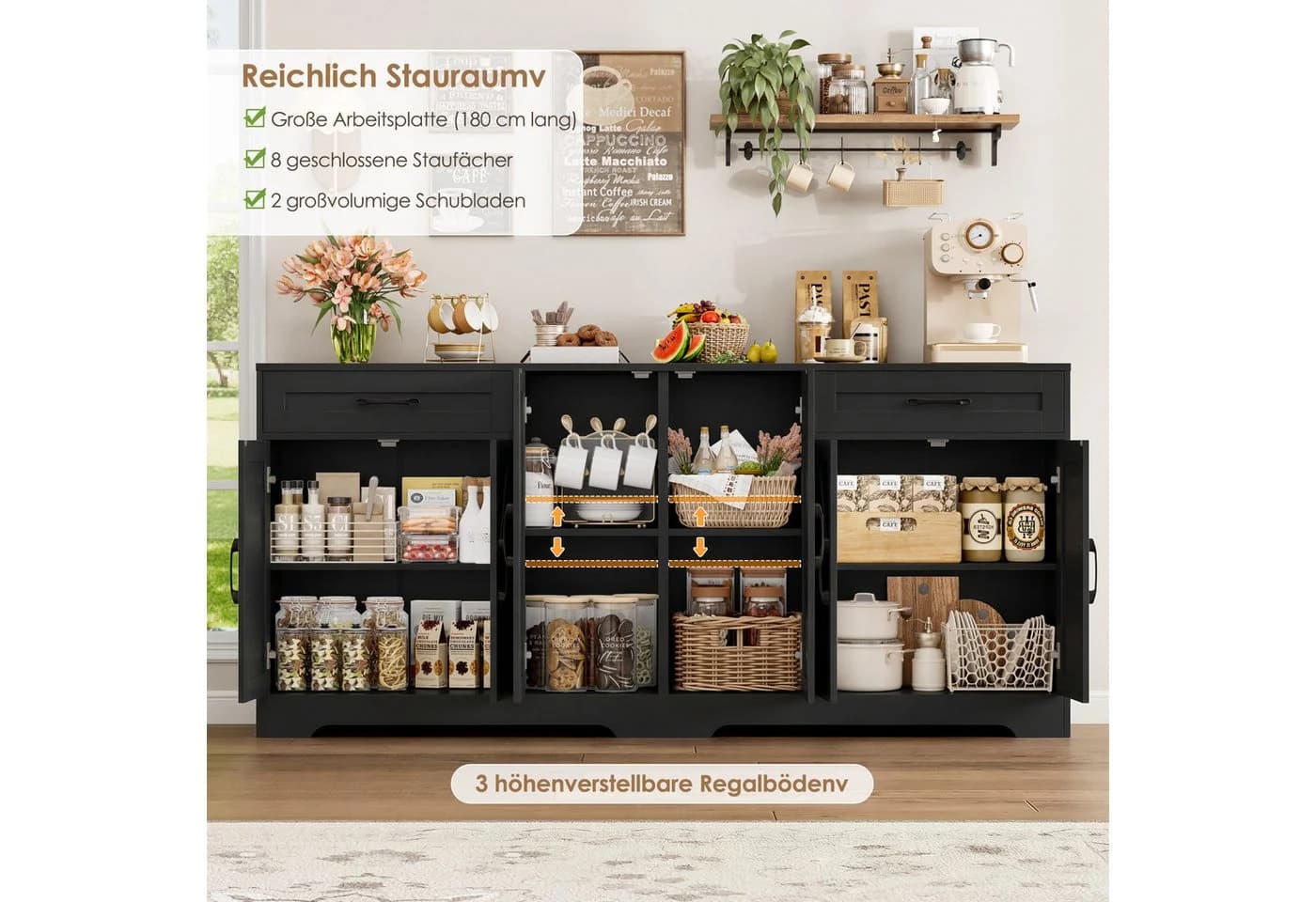 HOMECHO Sideboard 180 cm breit Küchenschrank mit Arbeitsplatte, 6 Türen und 2 Schubladen