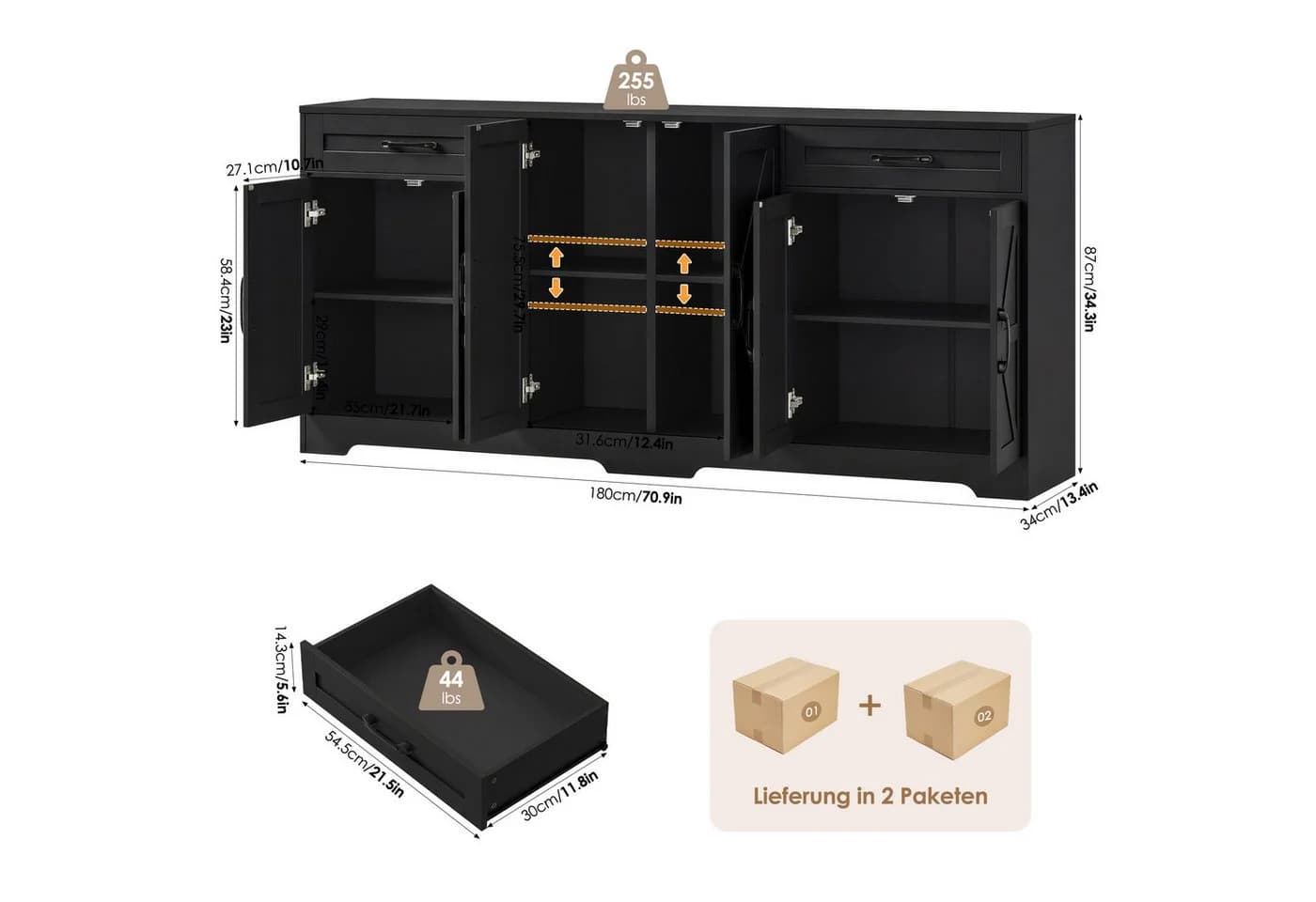HOMECHO Sideboard 180 cm breit Küchenschrank mit Arbeitsplatte, 6 Türen und 2 Schubladen - Bild 4