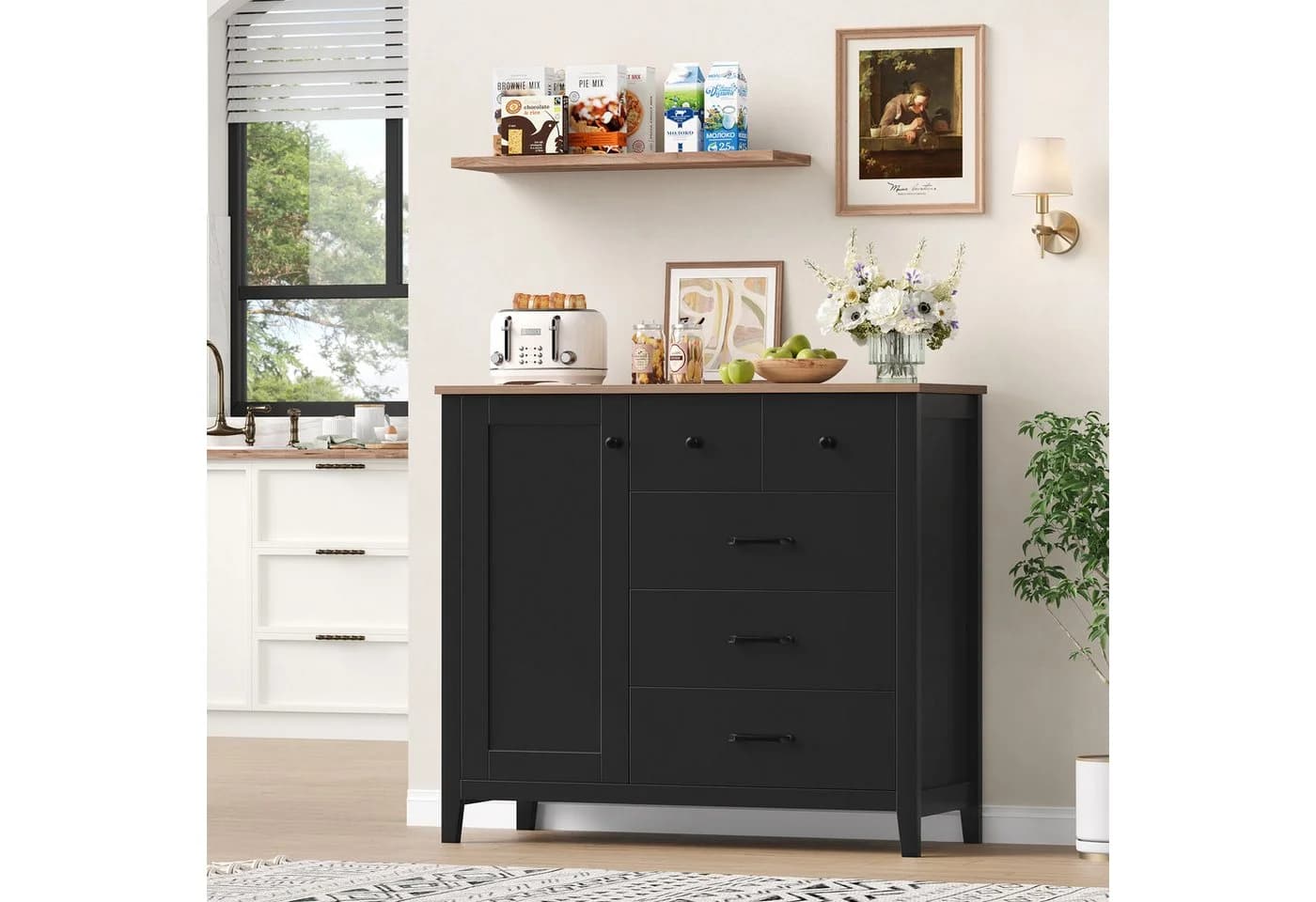 HOMECHO Buffet Sideboard Küchenschrank Weiß/Braun 5 Schubladen 1 Tür