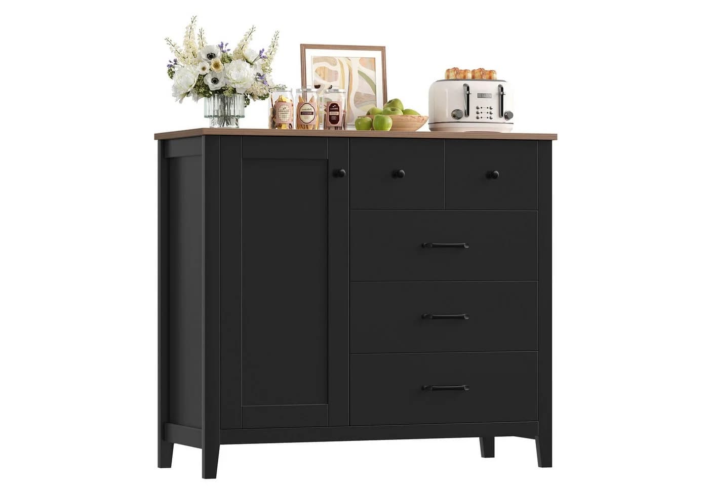 HOMECHO Buffet Sideboard Küchenschrank Weiß/Braun 5 Schubladen 1 Tür - Bild 2