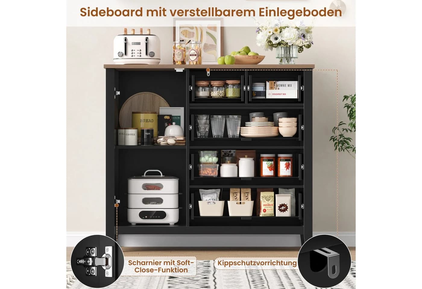 HOMECHO Buffet Sideboard Küchenschrank Weiß/Braun 5 Schubladen 1 Tür - Bild 5