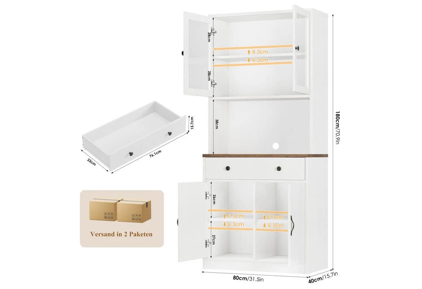 HOMECHO Küchenbuffet 180cm Weiß mit Arbeitsplatte