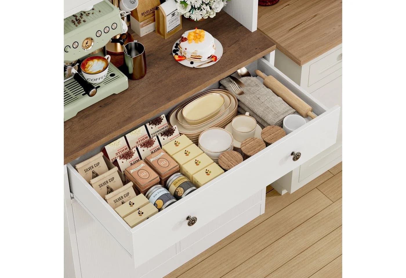 HOMECHO Küchenbuffet 180cm Weiß mit Arbeitsplatte - Bild 5