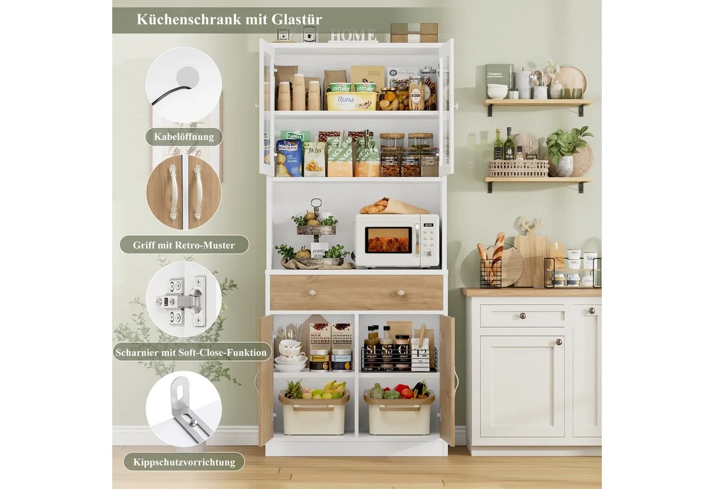 HOMECHO Küchenbuffet 180cm Weiß mit Arbeitsplatte 4 Türen 2 Schubladen - Bild 5