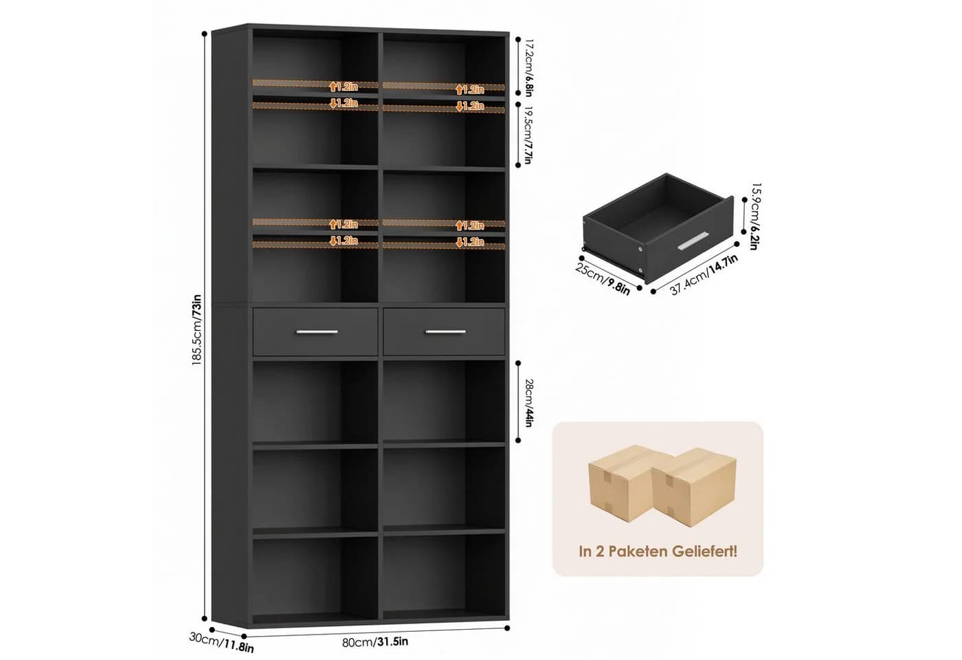 HOMECHO Bücherregal 185,5 cm hoch Standregal mit 8 Ebenen und 2 Schubladen - Bild 5