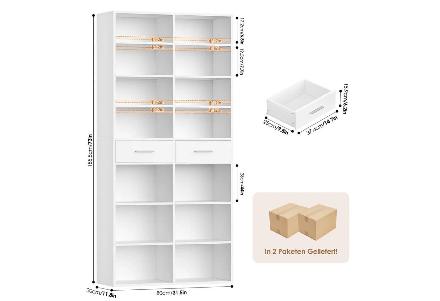 HOMECHO Bücherregal 185,5 cm hoch Standregal mit 8 Ebenen und 2 Schubladen - Bild 5