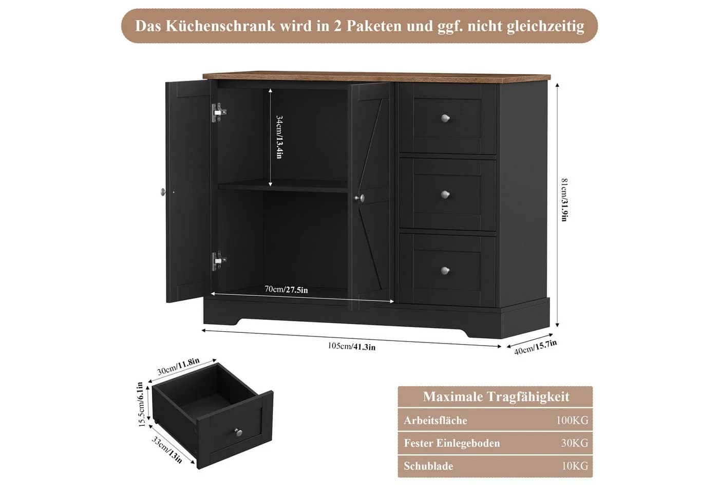 HOMECHO Sideboard Weiß & Braun mit Arbeitsplatte