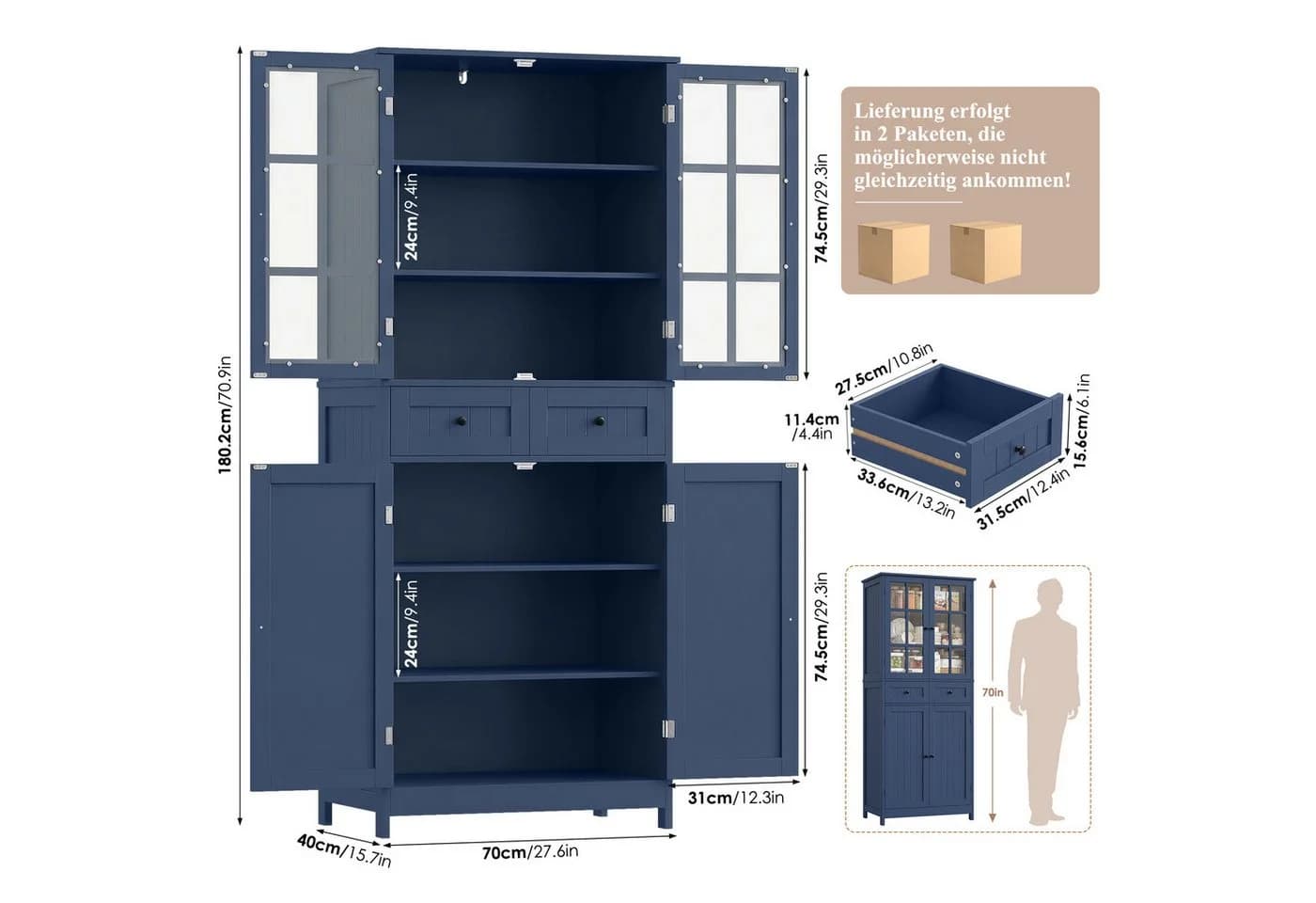 HOMECHO Hochschrank 180 cm Küchenschrank Weiß - Bild 3