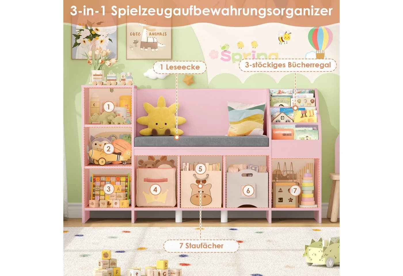 HOMECHO Spielzeugtruhe Bücherregal Weiß mit Kissen 7 Fächer - Bild 4