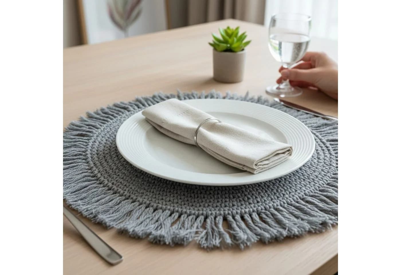 Meinposten Makramee Platzset Tischdeko rund boho Deko creme 38 cm - Bild 4