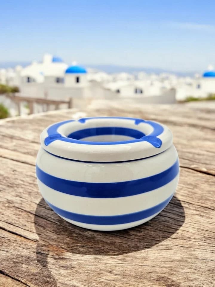 Meinposten Aschenbecher Sturmaschenbecher Mykonos Blau-Weiß Gestreift Keramik - Bild 3
