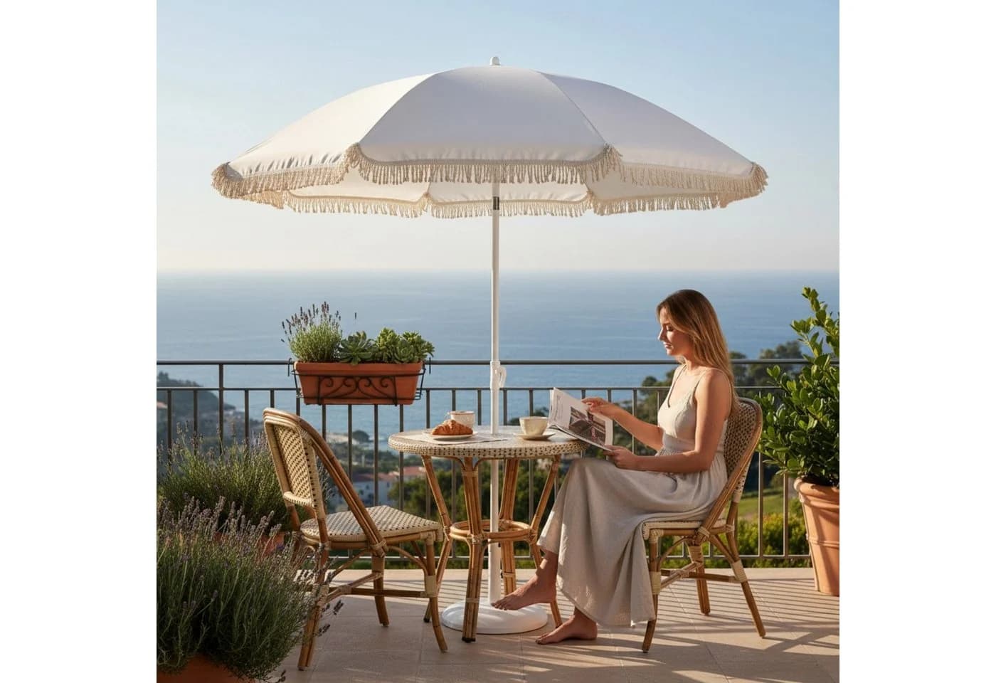 Meinposten Sonnenschirm Creme Fransen UV30+ 155cm - Bild 4