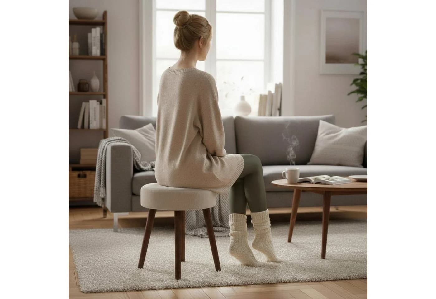 Moderner Sitzhocker aus Cord und Holz in Beige - Bild 3