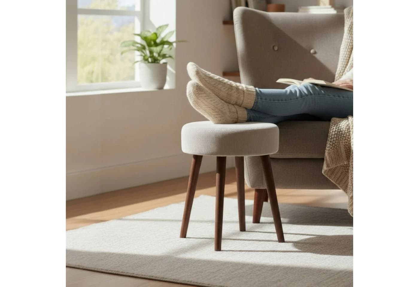 Moderner Sitzhocker aus Cord und Holz in Beige - Bild 4