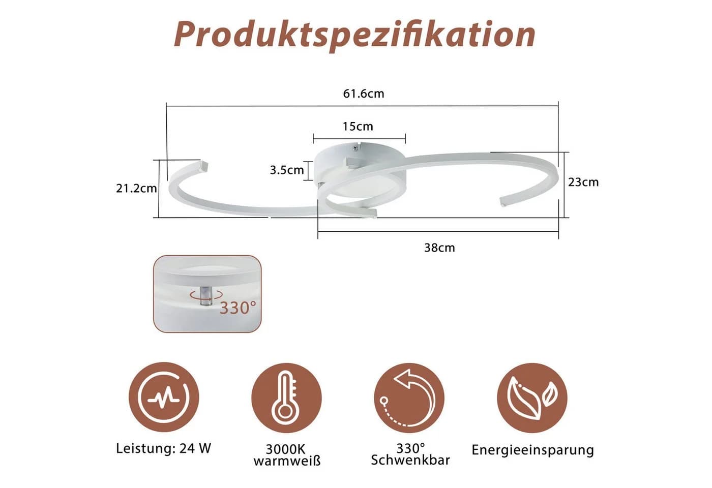 ZMH LED Deckenleuchte 24W Modern 3000K Warmweiß 330° Drehbar