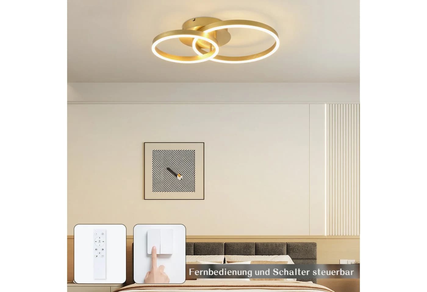ZMH LED Deckenleuchte Dimmbar Schwarz/Gold Ringe Deckenlampe Modern 46W Wohnzimmer - Bild 4