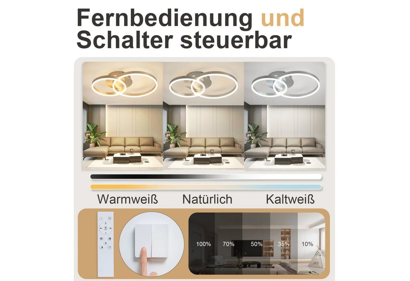 ZMH LED Deckenleuchte Dimmbar Schwarz/Gold Ringe Modern 46W - Bild 5