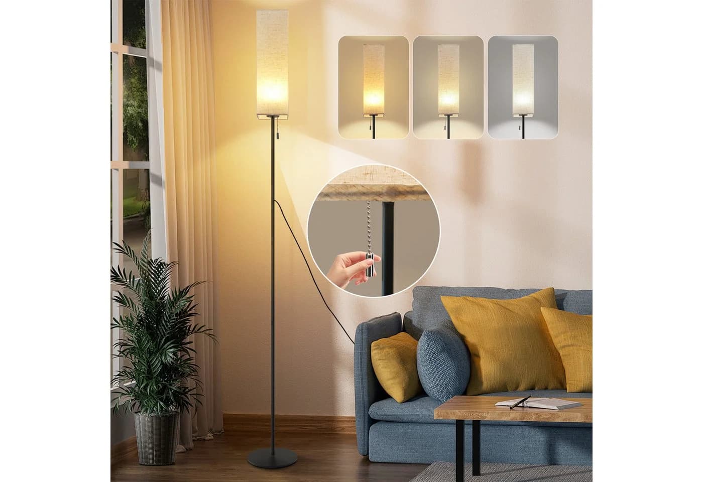 ZMH LED Stehlampe Dimmbar Retro Stoffschirm Beige - Bild 2