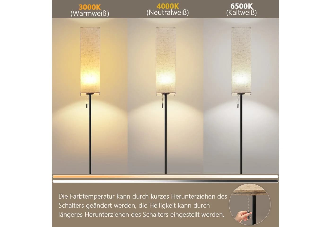 ZMH LED Stehlampe Dimmbar Retro Stoffschirm Beige - Bild 3
