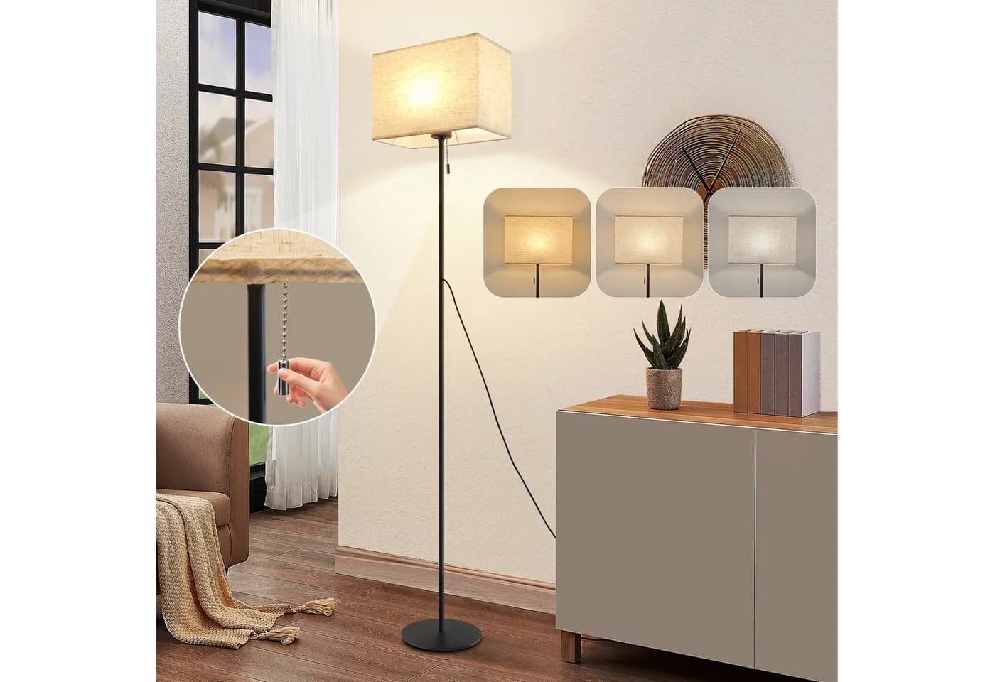 ZMH LED Stehlampe Retro Dimmbar Schwarz/Beige Stoffschirm - Bild 2