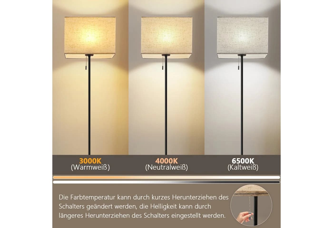 ZMH LED Stehlampe Retro Dimmbar Schwarz/Beige Stoffschirm - Bild 3