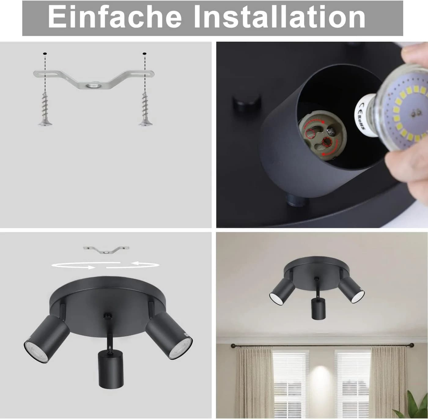 ZMH LED Deckenstrahler Modern Deckenleuchte GU10 Drehbar Wandstrahler 330° Schwenkbar Flur Einfache Installation LED fest integriert Modern Flurlampe Industrial Wandstrahler Schlafzimmer - Bild 4